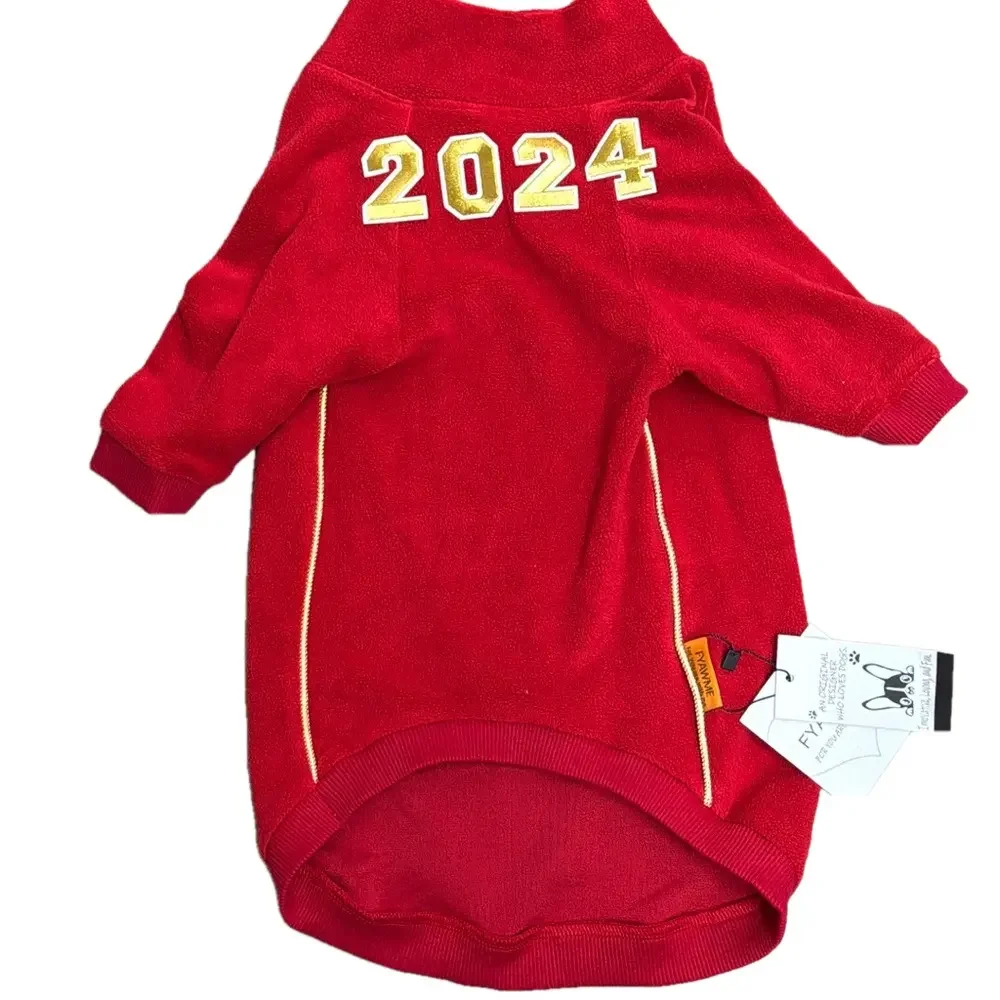 2024 RED FLEECE Dog Jacket w/ gold trim and attached gold wings NWT